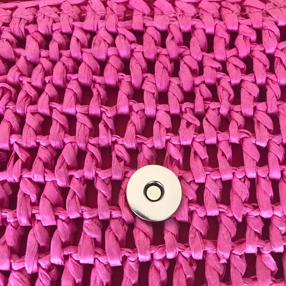 Pink Raffia Straw Clutch Woven Handbag, Feminine Summer Resort Vacation, New